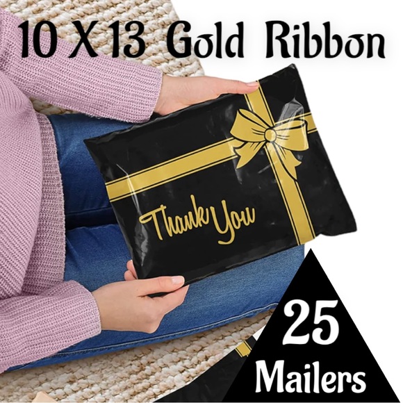 25 10X13 Poly Mailers Gold Ribbon Black, Shipping Envelopes PRICE IS FIRM - Picture 3 of 4